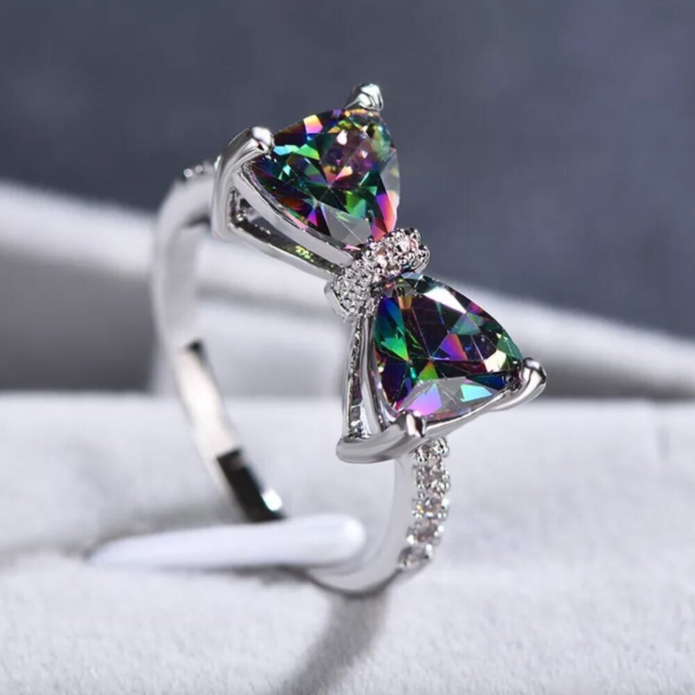 NEW 925 Sterling Silver Mystic Topaz Diamond Ring Bow Ring